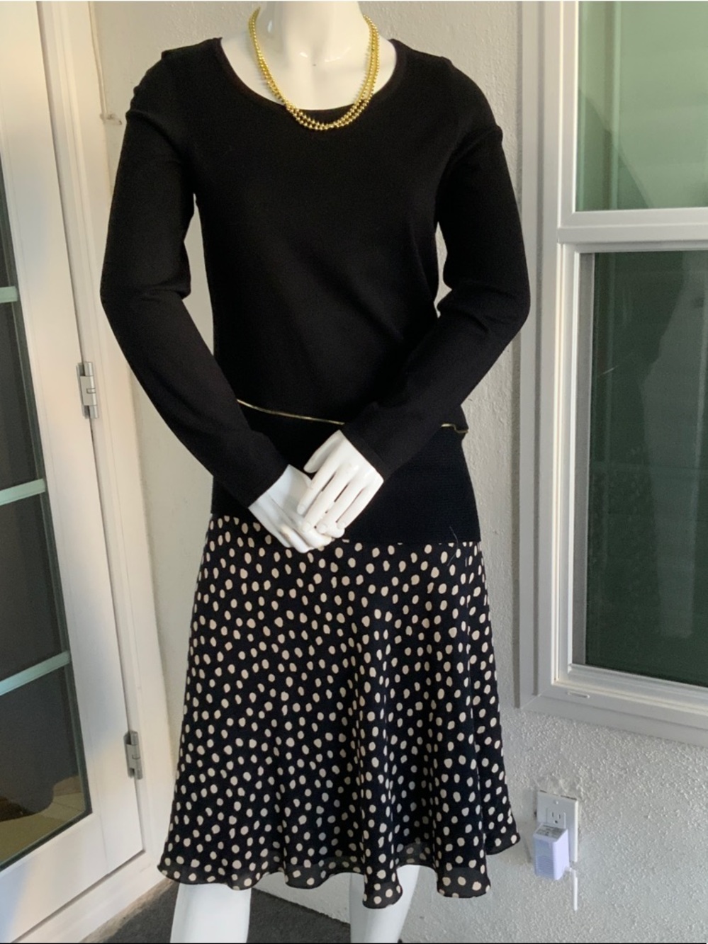 Black Polka Dot A-Line Skirt with Cream Spots